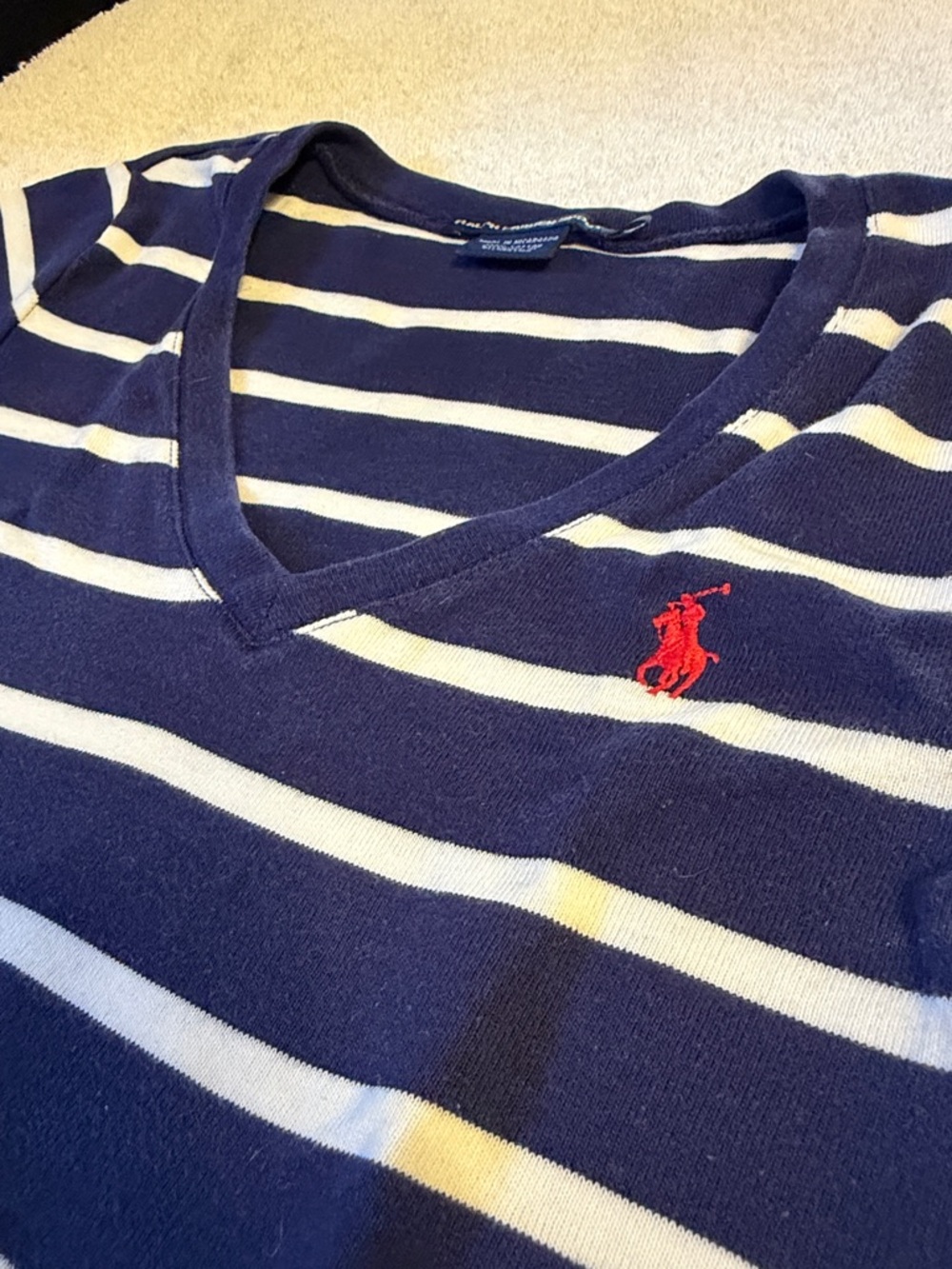 Ralph Lauren Sport Navy & White Striped V-Neck Tee with Red Pony - Picture 3 of 6